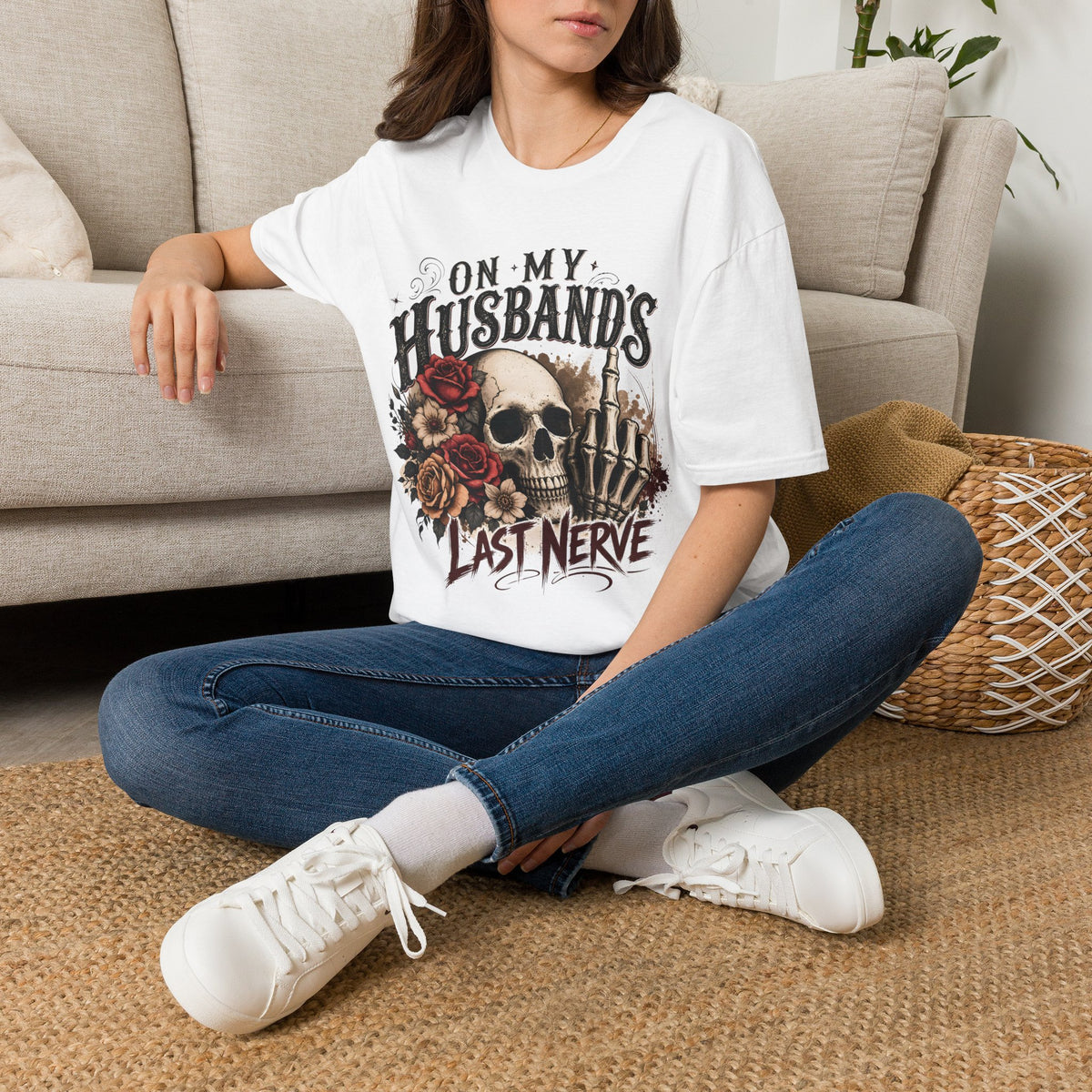 T-Shirt — “On My Husband’s Last Nerve” Skull & Roses Graphic Tee