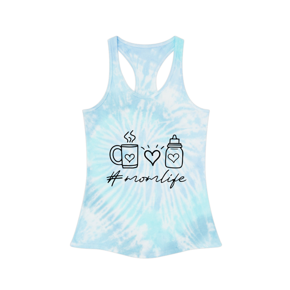 #momlife Tie Dye Racerback Tank Top — Light Blue Coffee & Baby Bottle Graphic