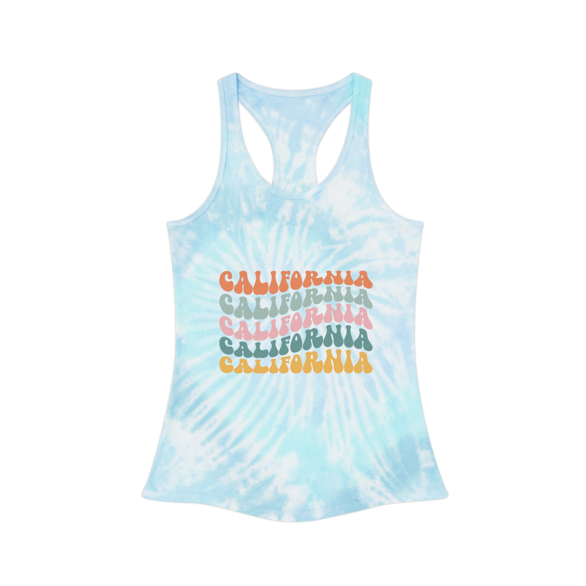 California Tie-Dye Racerback Tank — Retro Stacked Text Beach Tank Top