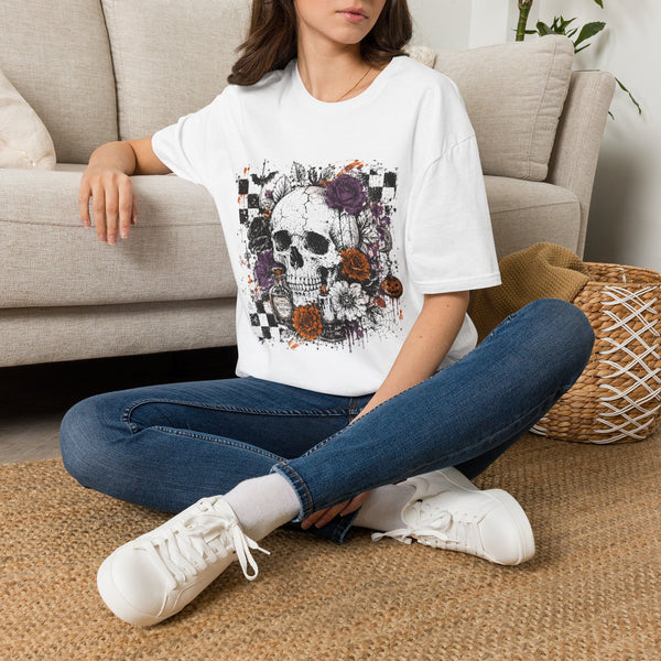 Skull & Roses Checkerboard T‑Shirt — Gothic Floral Skull Tee