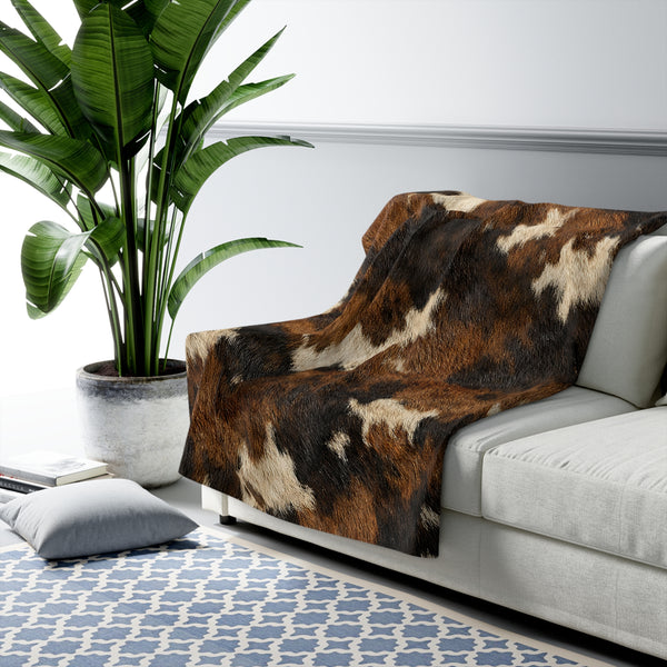 Cowhide Sherpa Fleece Blanket — Rustic Brown Faux Fur Throw for Cabin & Farmhouse