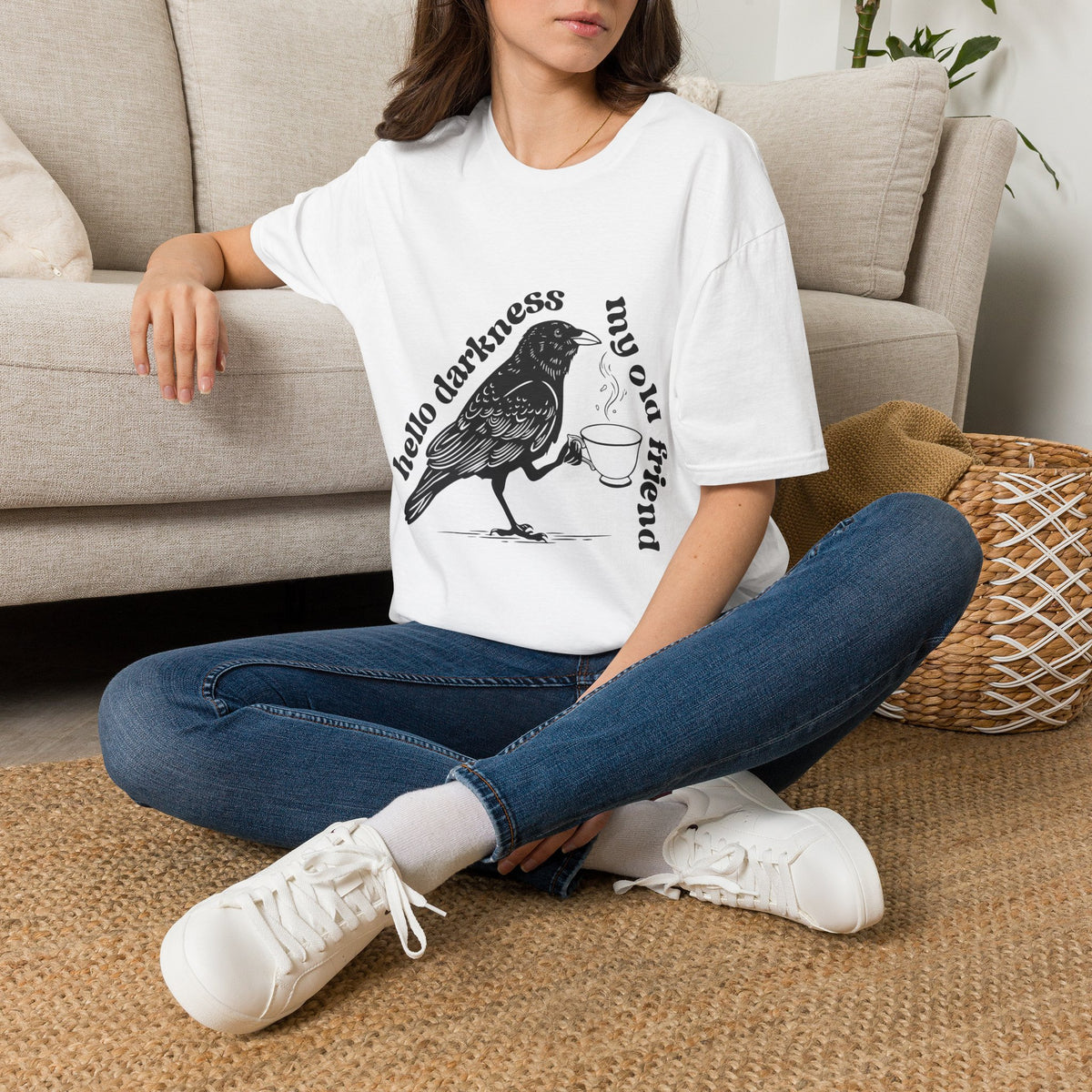 T-Shirt — Vintage Crow "Hello Darkness My Old Friend" Graphic Tee