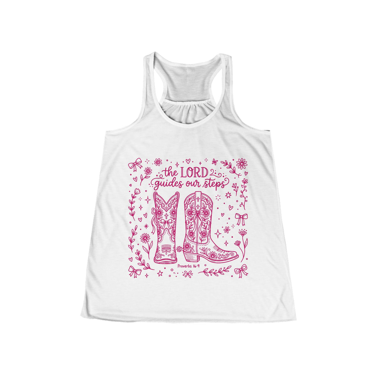 Women’s Racerback Tank — 'The Lord Guides Our Steps' Pink Cowboy Boots Faith Tank
