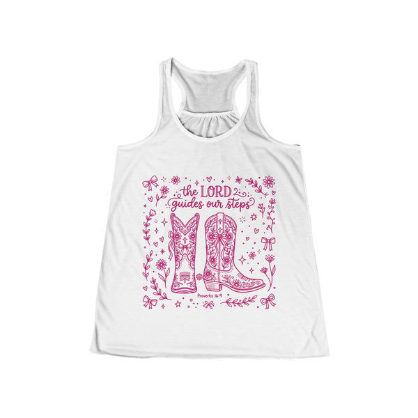 Women’s Racerback Tank — 'The Lord Guides Our Steps' Pink Cowboy Boots Faith Tank
