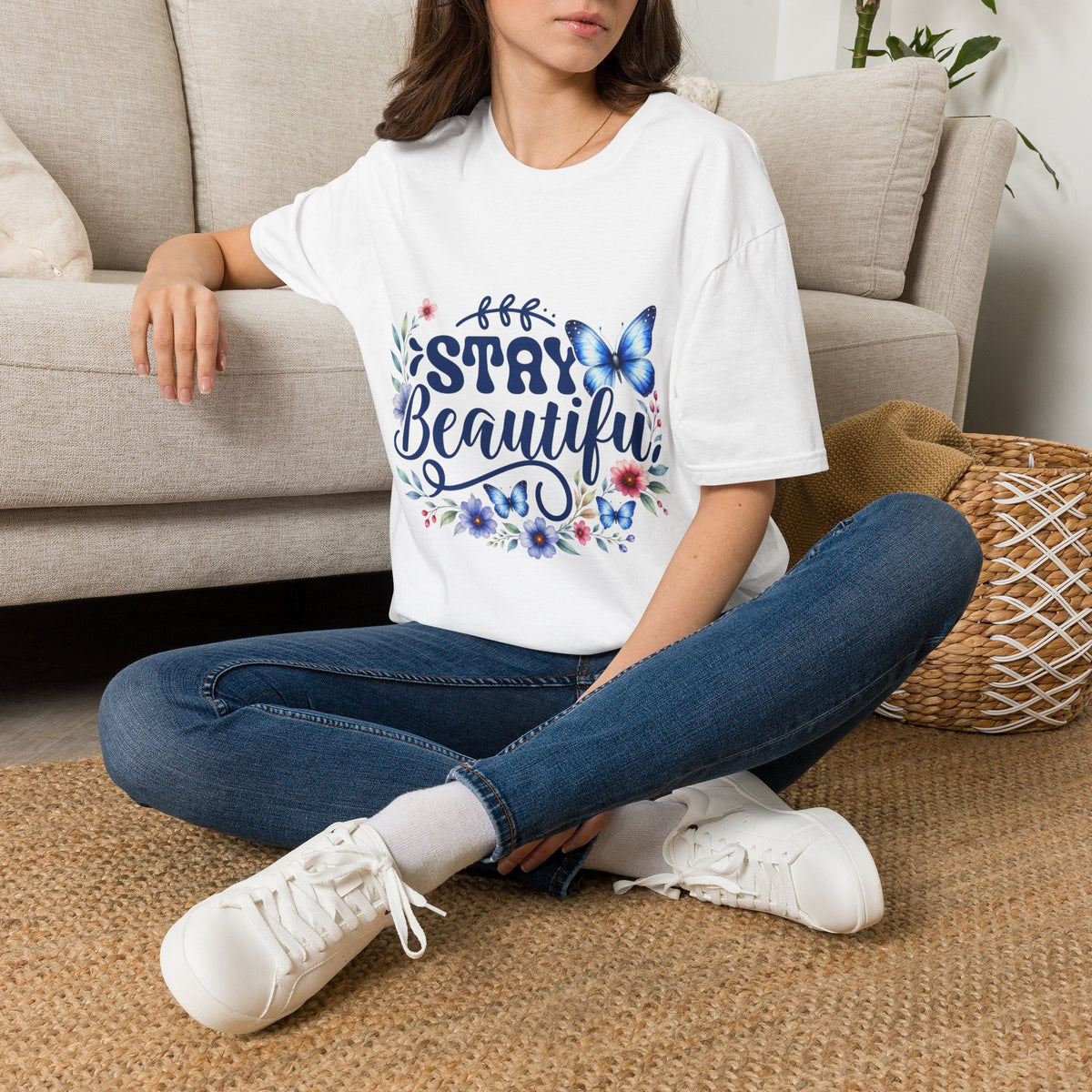Stay Beautiful T-Shirt — Blue Butterfly Floral Graphic Tee