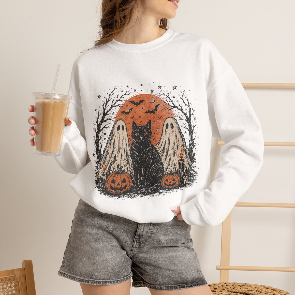 Halloween Cat Crewneck Sweatshirt — Black Cat with Ghosts & Pumpkins Design