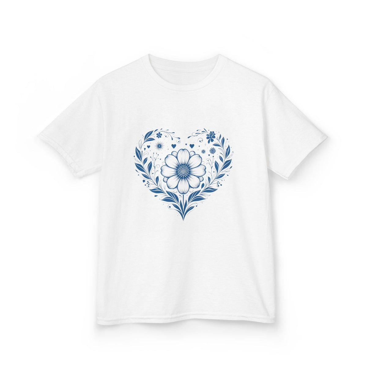 Kids Floral Heart Tee — Blue Folk Art Flower Shirt for Girls & Boys