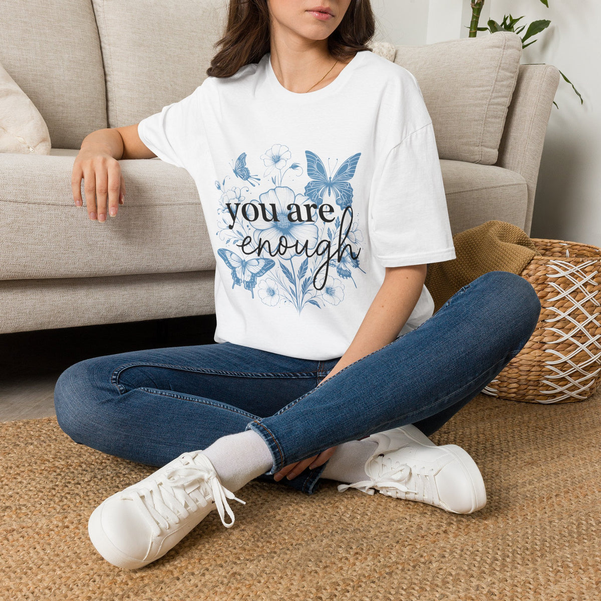 You Are Enough T-Shirt — Blue Floral Butterfly Inspirational Tee