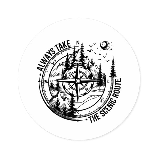Round Adventure Sticker — "Always Take the Scenic Route"