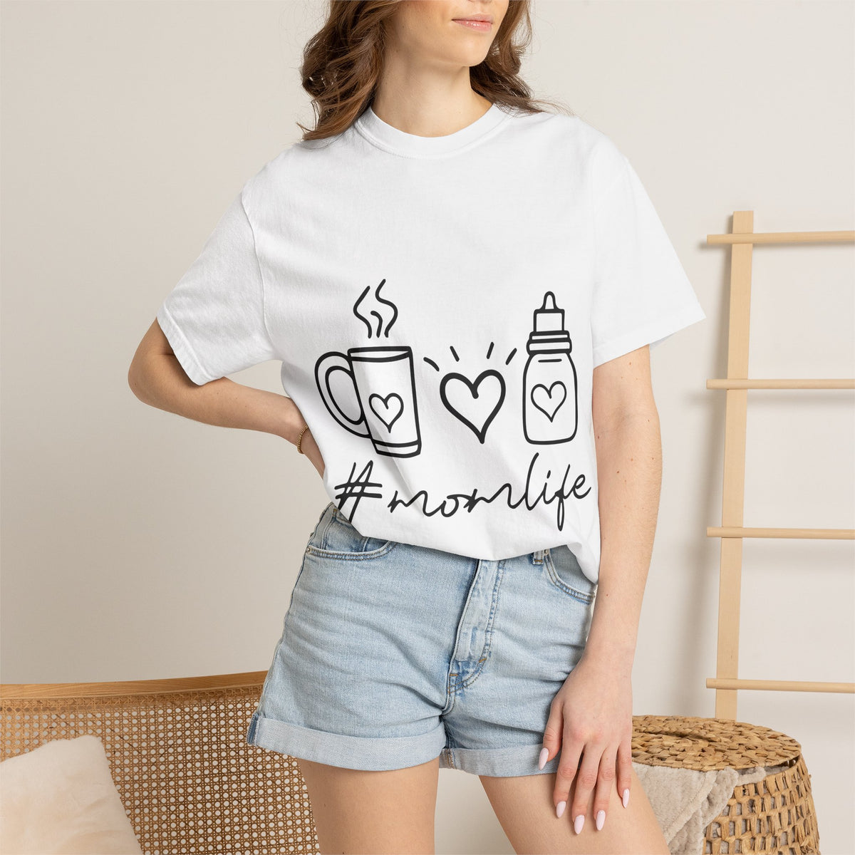 Mom Life Graphic T-Shirt — Coffee, Heart & Bottle Design