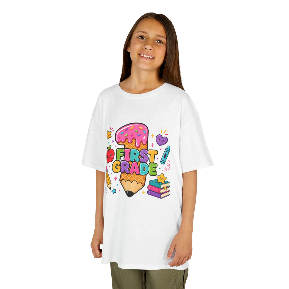 First Grade Kids T‑Shirt — Cute Back‑to‑School Design (Pencil, Books, Apple)