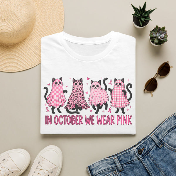Breast Cancer Awareness T-Shirt — "In October We Wear Pink" Cute Cat Design
