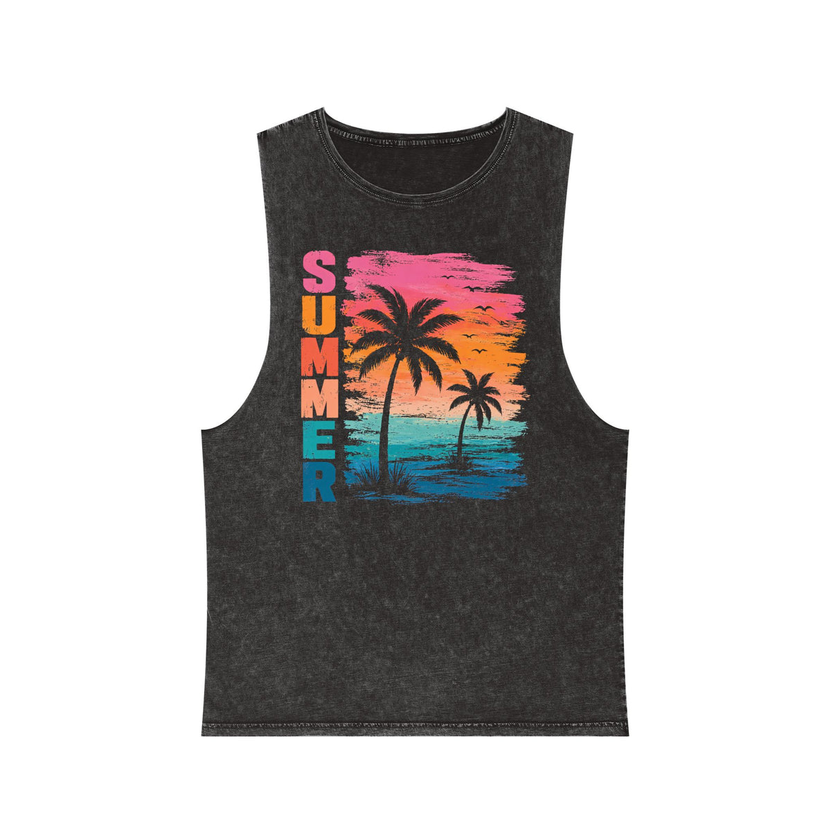 Summer Palm Beach Tank Top — Vintage Stonewash Tropical Sunset