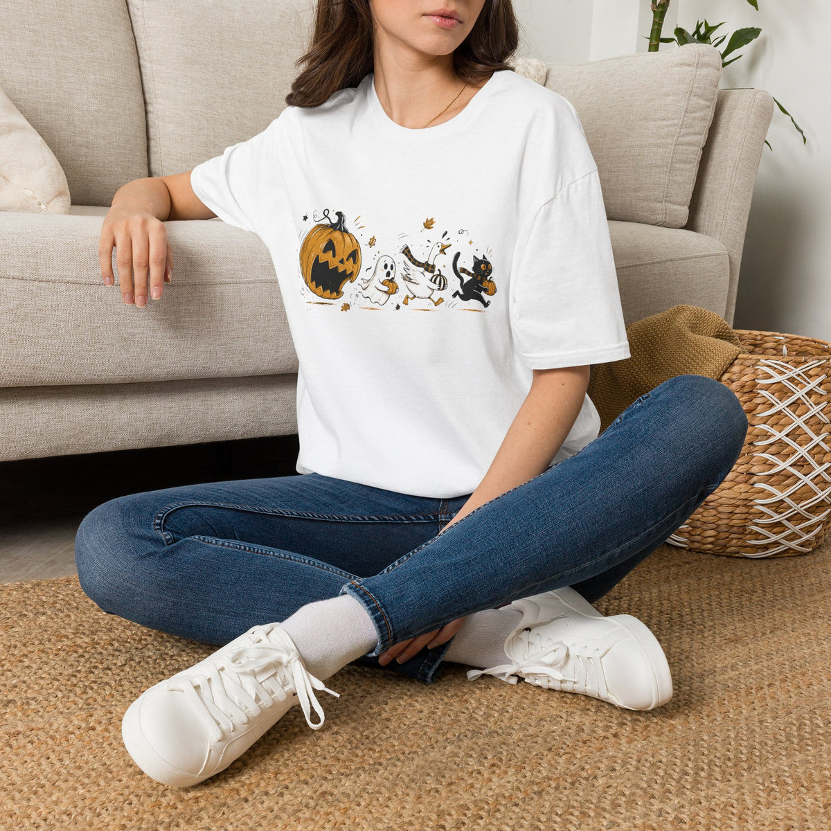Halloween Parade T-Shirt — Cute Pumpkins, Ghost & Black Cat Design