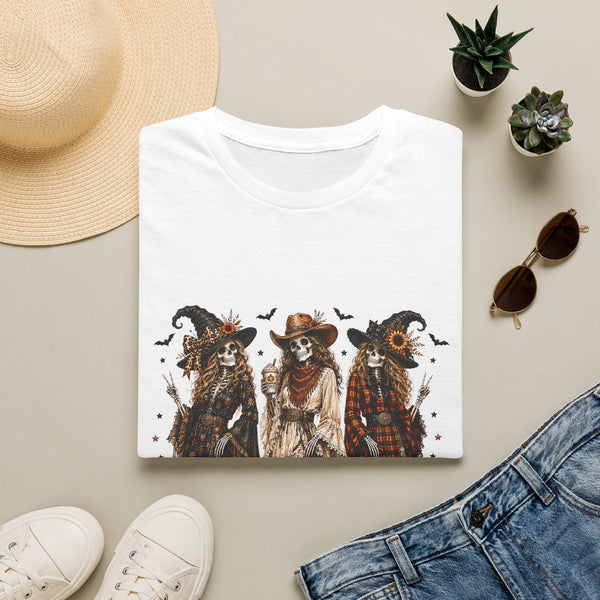 Halloween Skeleton Cowgirl Trio T-Shirt — Spooky Western Skeletons with Sunflower Hats