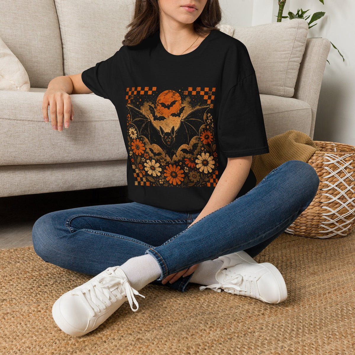 Vintage Halloween Bat Tee — Distressed Pumpkin Moon & Floral Checkerboard T-Shirt