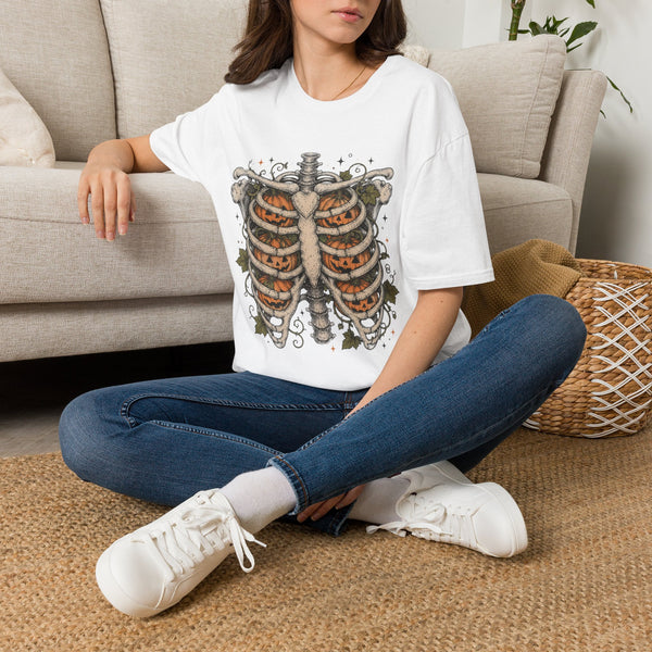 Pumpkin Ribcage T‑Shirt — Halloween Skeleton Chest Graphic Tee